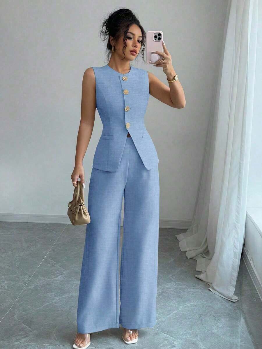 Conjunto elegante de estilo francés con botón de flor dorado para vacaciones y trabajo para mujer - Azul - Ver 1