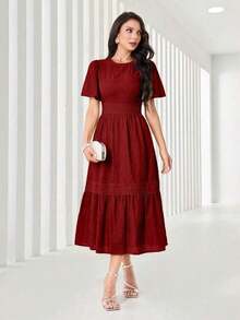 Vestido midi de mujer con cuello redondo, mangas con volantes, bordado y dobladillo con volantes - Burdeos - Ver 6