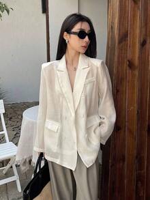 Blazer casual de manga larga con bolsillo y cierre de botones delantero liso para mujer, ropa de otoño para vestir en la oficina - Beis - Ver 9