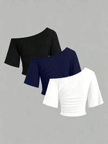 Nuevo conjunto de 3 piezas ajustado con hombros descubiertos, estilo sexy europeo y americano. Camiseta de unicolor versátil y casual para mujer, adecuada para primavera/verano, uso diario, ir al trabajo, citas - Multicolor 5 - Ver 2