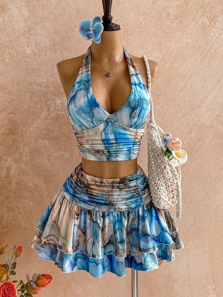 Conjunto de 2 piezas de top sin mangas ajustado con cuello en V y falda mini de doble capa acampanada en color beige texturizado, atuendo de resort - Azul 2 - Ver 1
