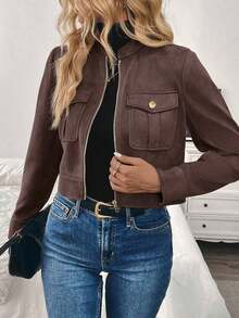 Chaqueta corta de carga de mujer con botones metálicos decorados, cálida y gruesa, adecuada para otoño/invierno - Marrón 2 - Ver 5