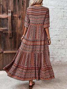 Vestido largo con escote de muesca estampado, atuendo de vacaciones y playa para mujeres - Marrón - Ver 2