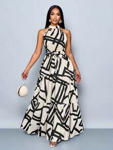 Vestido largo de mujer con estampado floral en todo el vestido, estilo halter con cinturón, fluido para vacaciones - Albaricoque - Ver 8