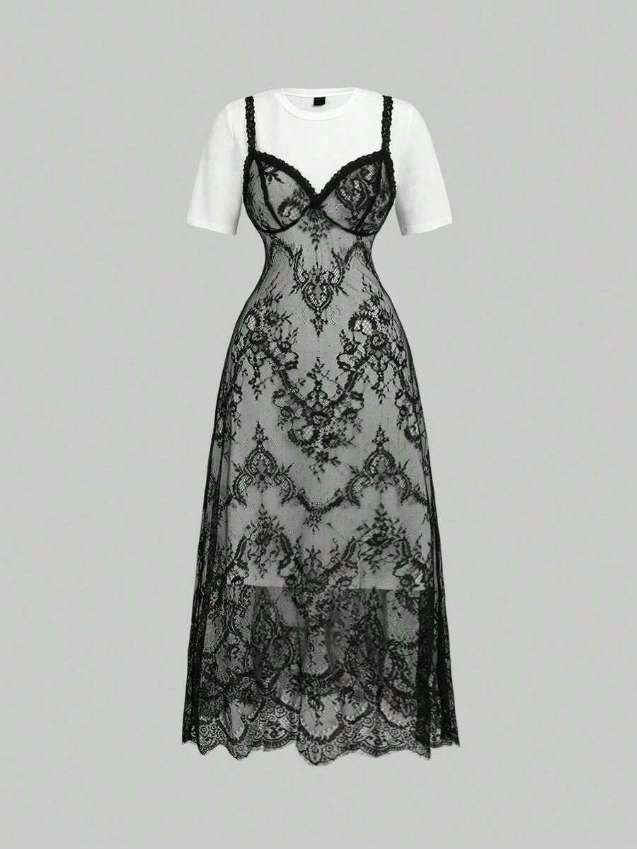 MOD Vestido de manga corta, cuello redondo, ajuste holgado y casual con camiseta interior de encaje, para uso diario, hippie, té, encaje, salir, vestido casual - Blanco y Negro - Ver 1