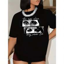 de  de Camisetas de Talla Grande para Mujer - Estampado "Black Chic Eyes, Never Lie", Manga Corta Casual, Cuello Redondo, Cómodas y Holgadas, Moda Unisex de Alta Calidad, Transpirables y Absorbentes, Ropa Deportiva y de Ocio para Primaver - Negro - Ver 6