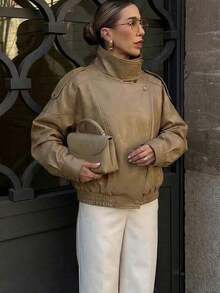 Chaqueta de cuero sintético vintage de motocicleta para mujer 2026, con cuello alto, cremallera y parches, corte holgado para invierno - Caqui - Ver 5