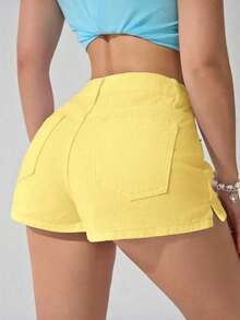 PETITE Pantalones cortos de mezclilla lisos para mujer, de moda para el verano - Amarillo claro - Ver 2