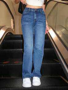 Jeans de Pierna Recta de Color Sólido  ICON - Azul lavado oscuro - Ver 6