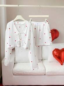 Conjunto de top de manga larga y pantalones cortos con estampado de corazones rojos y blancos, conjunto de Navidad para mujer - Blanco - Ver 7