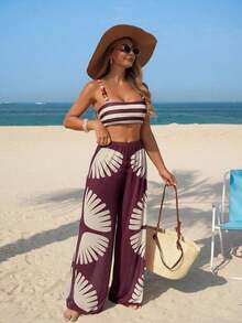 Conjunto de bikini de 3 piezas con tirantes finos, pantalones de pierna ancha y estampado de hojas abstractas de estilo bohemio para mujer, adecuado para vacaciones, playa y verano - Multicolor 4 - Ver 4