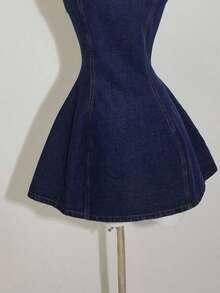 Vestido mini sin mangas de denim para mujer, ajustado casual, azul - Azul lavado oscuro - Ver 4