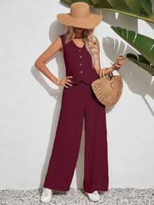 Set de 2 piezas de chaleco y pantalones de un solo abotonado de unicolor como conjunto de vacaciones para mujer - Rojo - Ver 3