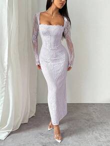 PETITE Vestido maxi negro ajustado de cuello cuadrado con copa de pecho, mangas largas de encaje con forma de S y escote sexy para fiesta de verano, cita y noche - Púrpura malva - Ver 4