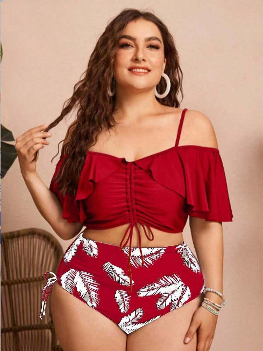 Swim Chiccia Conjunto de 2 piezas de bikini de talla grande para mujer de unicolor con tirantes de espagueti, hombros descubiertos, volantes y cordón - Elegante y estiloso para vacaciones informales - Rojo y blanco - Ver 1