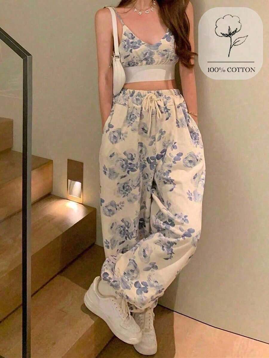 Petite Conjunto de 2 piezas: Top corto tipo camiseta con estampado y pantalones de cintura alta con pernera ancha - Multicolor 2 - Ver 1