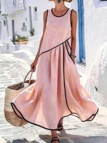 Holidaya Vestido casual de vacaciones con borde de color contrastante, bolsillo asimétrico, vestido largo casual, vestido de primavera/verano para mujer - Rosa Pálido - Ver 1