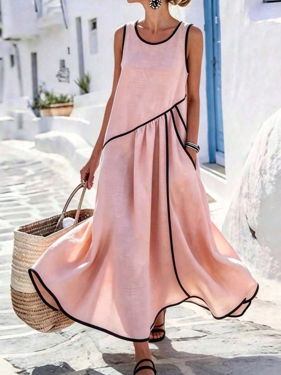 Holidaya Vestido casual de vacaciones con borde de color contrastante, bolsillo asimétrico, vestido largo casual, vestido de primavera/verano para mujer - Rosa Pálido - Ver 1