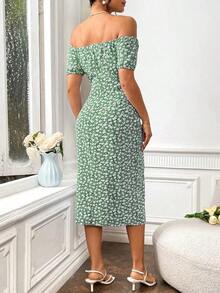 Vestido Con Estampado Floral De Hombros Descubiertos Con Abertura Y Cinturón En La Cintura - Verde - Ver 2
