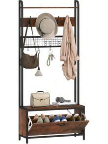 Coat Rack With Shoe Storage Bench And Grid Panel, Hall Tree, 5-In-1 Industrial Coat Rack Stand With Shoe Cabinet And 10 Hooks For Hallway, Entryway, Living Room, Rustic Brown - Rustic Brown - View 1