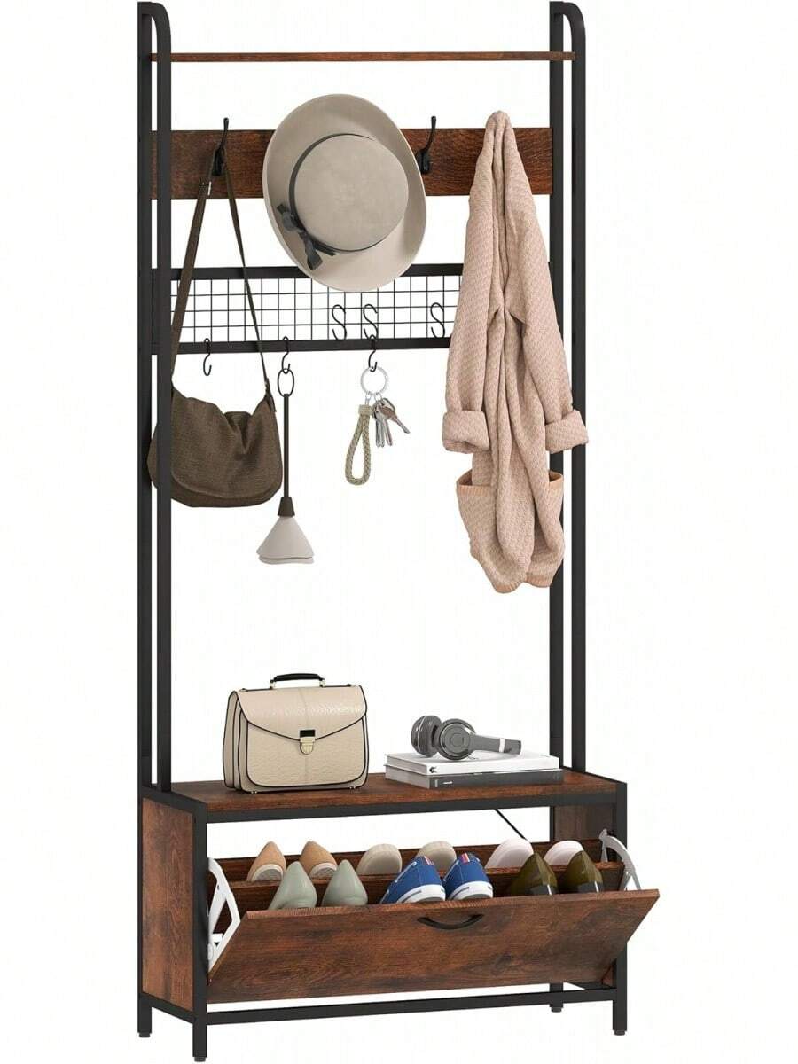 Coat Rack With Shoe Storage Bench And Grid Panel, Hall Tree, 5-In-1 Industrial Coat Rack Stand With Shoe Cabinet And 10 Hooks For Hallway, Entryway, Living Room, Rustic Brown - Rustic Brown - View 1