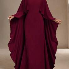 Women's Elegant Red Valentine's Day Cape Sleeve Cinched Waist Fitted Mermaid Dress - Suitable For Valentine's Day Date, Formal Party, Gala Spring - Burdeos - Ver 2