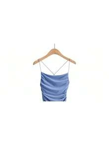 Vestido tirantes finos espalda super descubierta plisado elástico ajustado falda cadera estilo INS verano 2026 - Azul - Ver 2