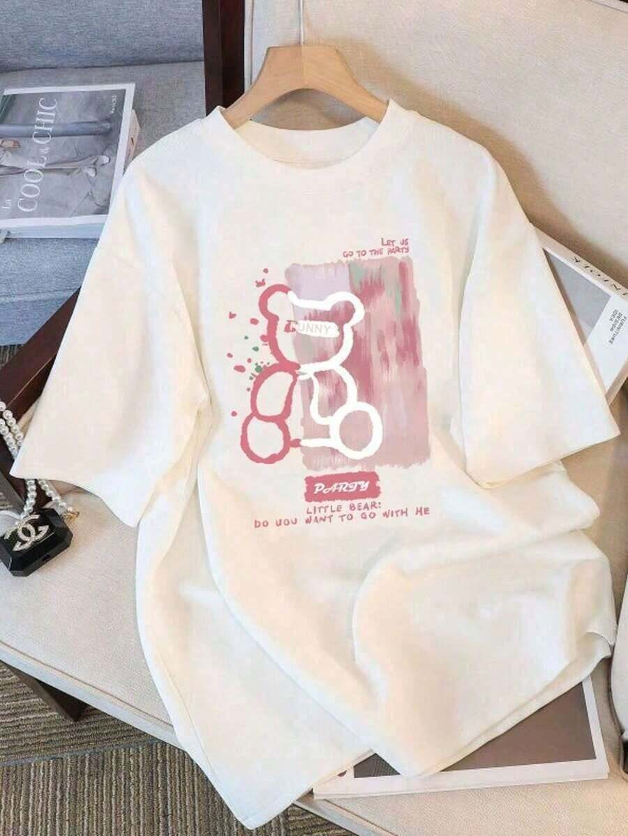 Camiseta de algodón con estampado Funny Bear Partycasual de moda para mujer - Blanco - Ver 1