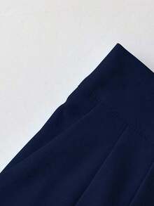 Nuevos shorts casuales, elegantes y cómodos para mujer, con cintura elástica, de línea A, con cierre frontal de cremallera y tejido plisado - Azul marino - Ver 4