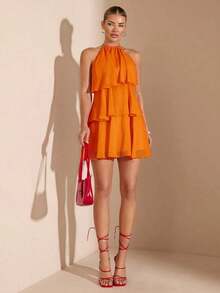 Vestido corto de gasa con hojas de loto en cascada de color rojo sólido, adecuado para citas diarias, salidas nocturnas, discotecas, fiestas, reuniones, fiestas de cóctel, fiestas de piscina, ropa de vuelta al colegio, vestidos de temporada esco - Naranja - Ver 4