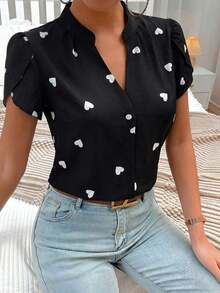 Blusa de trabajo con cuello en pico y mangas de pétalo de color blanco para mujer, blusas de manga corta - Café integral - Ver 5
