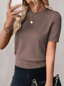 Blusa de punto de manga corta de unicolor y estilo minimalista, para uso diario - Marrón Mocha - Ver 9
