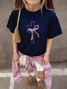 1 pieza de camiseta de manga corta con cuello redondo y estampado de mariposas y cruces para niñas, ropa de verano para estudiantes jóvenes - inspira la imaginación y la autoexpresión. - Azul Marino - Ver 2
