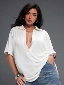 Top corto de manga corta con cuello en pico y escote pronunciado, sexy y casual para uso diario de las mujeres, de moda - Blanco - Ver 3