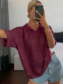 Women's Short-Sleeved Polo Shirt, Loose Fit, Textured And Openwork Fabric, For Summer - Bordeaux - View 6