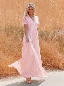 Vestido largo de gasa escote profundo elegante para otoño invierno - Rosa - Ver 2