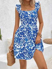 Vestido con estampado floral, dobladillo calado con volantes decorados, atuendo de vacaciones y playa para mujeres - Azul - Ver 3