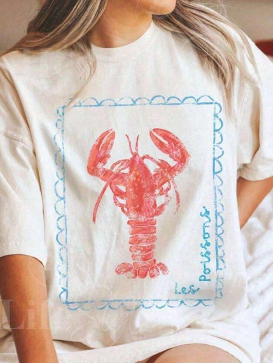 Camiseta con Gráfico de Langosta|   Camiseta desgastada estilo costero francés|   Estilo Coqueta Holgado|   Moda Náutica de Pescador, Camiseta Casual de Manga Corta con Cuello Redondo y Estampado Gráfico para Mujer, Regalo para el Día de la Madre o Pascua - Blanco - Ver 1