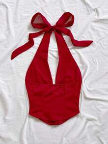 Nuevo atuendo casual de primavera/verano para vacaciones, boda en la playa, invitado de boda, graduación, brunch, Día de San Patricio, Spring Break, Pascua, festival de música, elegante estilo bohemio tropical con escote halter, espalda descubierta - Rojo - Ver 2