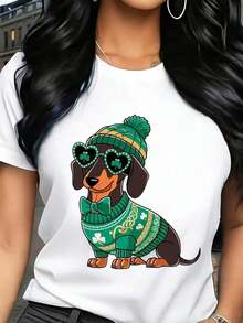 Camisetas estampadas de moda para mujer, tops de estilo urbano de talla grande, camisetas de verano cómodas y elegantes que combinan con todo. Camiseta de mujer con estampado de perro salchicha con sombrero y gafas de sol para el Día de San Patricio, cuello redondo, manga corta, estilo casual para celebraciones festivas. - Blanco - Ver 5