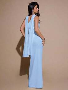 Vestido de malla ajustado con drapeado asimétrico, elegante y sexy vestido de gala para fiesta, boda, cumpleaños, Navidad, Halloween - Amarillo claro - Celeste - Ver 2