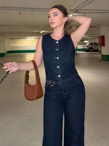 Conjunto de 2 piezas de chaleco y pantalones vaqueros casuales para mujer, minimalista y de moda para el uso diario - Azul lavado oscuro 2 - Ver 7