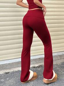Pantalones acampanados de cintura ancha de unicolor casual para mujer, leggings delgados de cintura alta con pliegues, primavera - Rojo - Ver 2