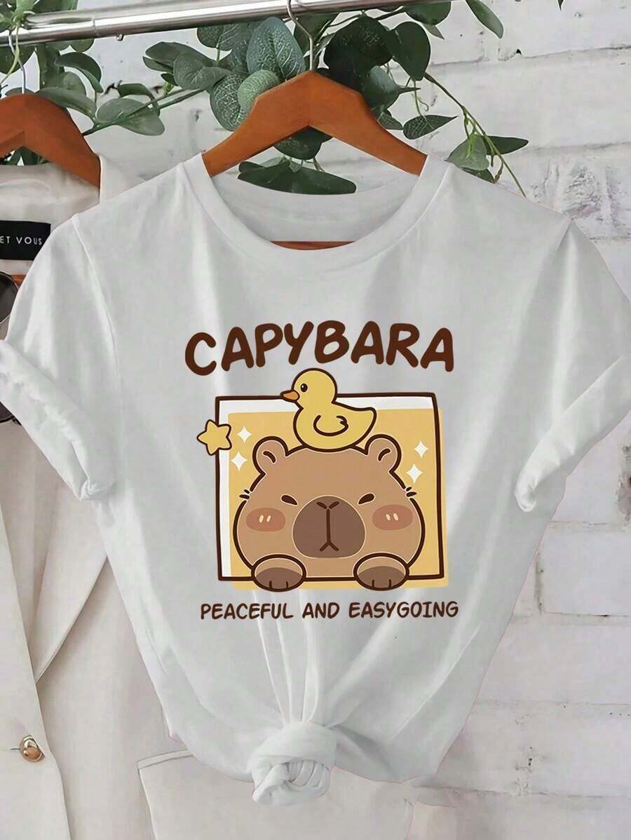 Camiseta estampada 100% algodón, ropa casual para mujer, vacaciones, manga corta, cuello redondo, primavera/verano, lavable a máquina, ropa nueva para mujer, versátil para salir, camiseta deportiva holgada de algodón, atuendo para vacaciones en la playa. - Blanco - Ver 1