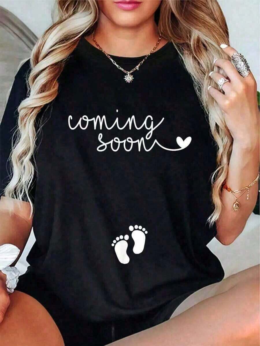 Camisetas gráficas 100% algodón, camiseta casual de algodón, camiseta para anunciar el embarazo, camiseta para mamá embarazada, ropa de mujer con estampado de algodón cómodo, camiseta de algodón con temática del Día de la Madre, camiseta cómoda y suave para mamá e hija. - Negro - Ver 1