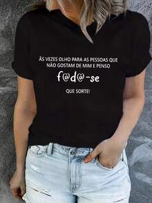 Camiseta manga corta cuello redondo 100% algodón, estampado trendy, tejido ligero y ventilado, estilo moda casual, apta para vida diaria, salidas informales y citas en primavera, verano y otoño - Negro - Ver 1