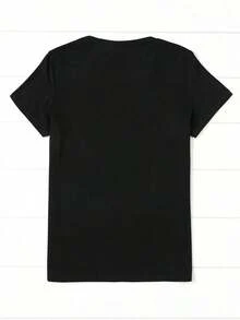 Diseño simple y versátil, estampado de mariposas en forma de corazón, ropa de verano casual y a la moda, camiseta de mujer de cuello redondo y corte holgado, camiseta de algodón puro. - Negro - Ver 2