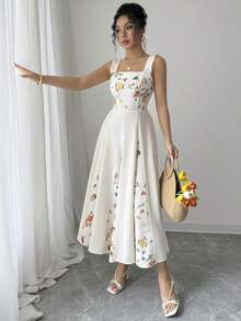 Vestido de línea A con estampado de patchwork en la cintura para mujer, elegante para vacaciones, viajes y uso diario, sin mangas - Albaricoque - Ver 7