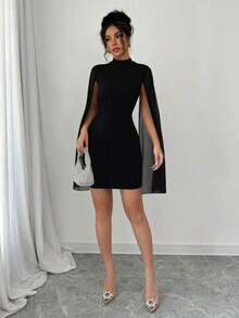 Vestido de capa ajustada con cuello mao de unicolor - Negro - Ver 5