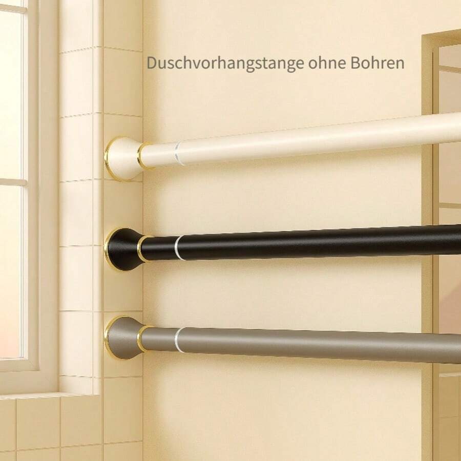 Thanh treo rèm điều chỉnh được với viền kim loại - Không cần khoan, thép không gỉ với đế nhựa, lý tưởng cho rèm cửa, tủ quần áo, phơi đồ ban công, có các màu Vàng đen, Vàng trắng, Đen bạc.